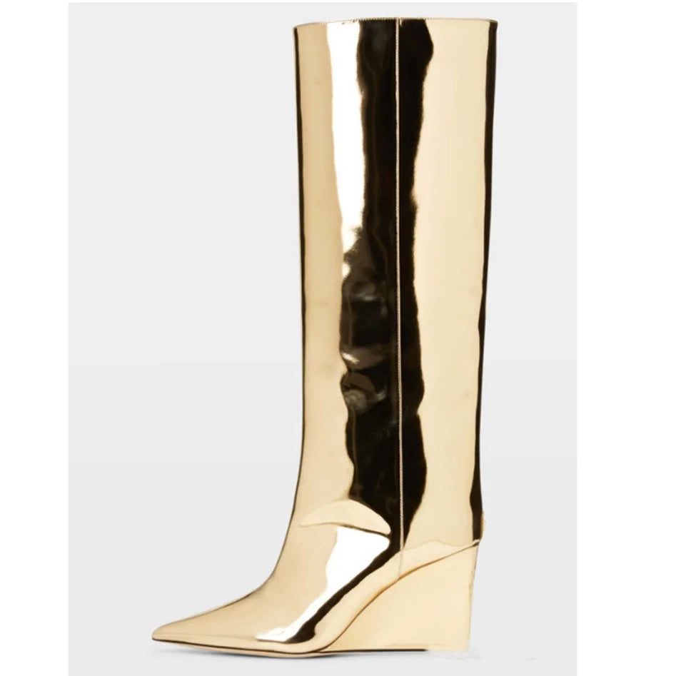 Golden Knee-High Wedge  Pointy Toe High Patent leather boots