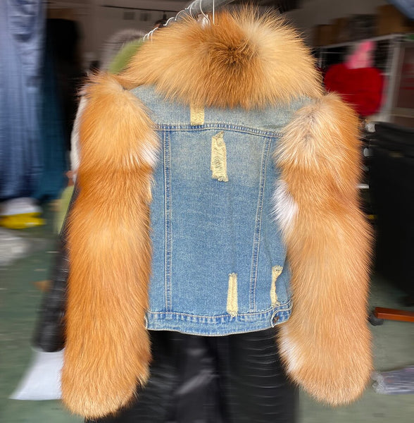 Denim jacket with fox hot sale fur